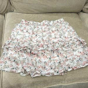 Pookie & Sebastian white and pink floral, mini ruffled tiered skirt